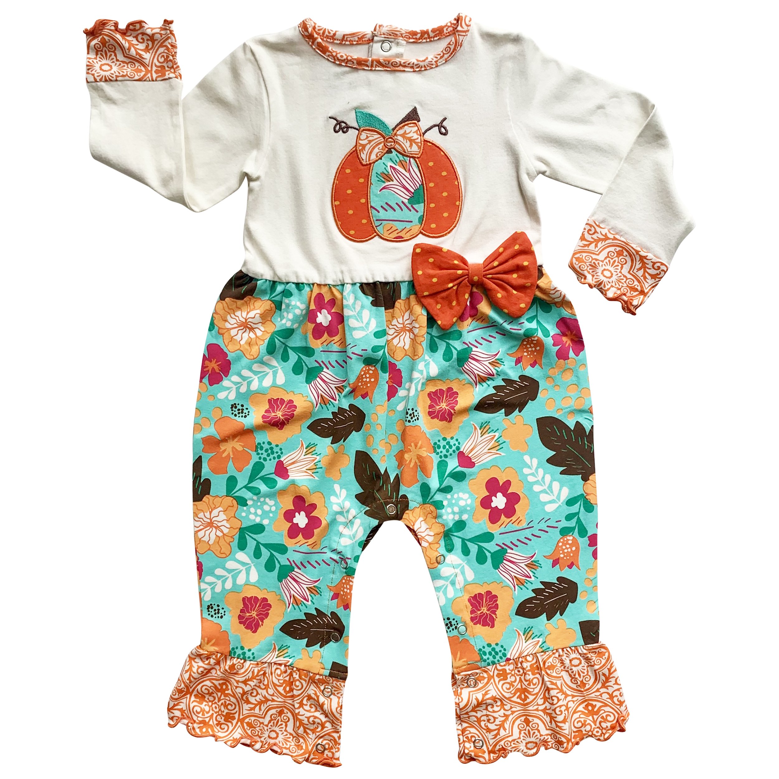 AnnLoren Baby Toddler Girls Pumpkin Romper in soft cream knit with floral prints and pumpkin embroidery.